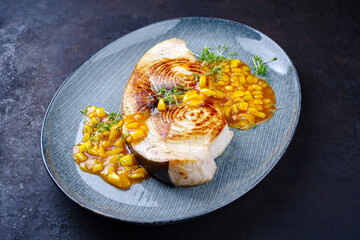 Fried swordfish steak with mango chutney and herbs served as close-up on a design plate