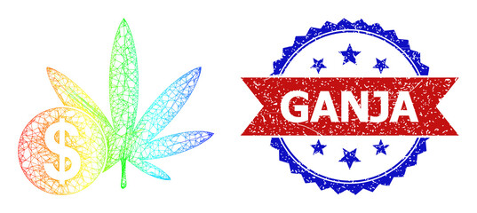 Mesh net cannabis price frame illustration with rainbow gradient, and bicolor rubber Ganja stamp. Red stamp has Ganja text inside blue rosette. Vibrant frame mesh cannabis price icon.
