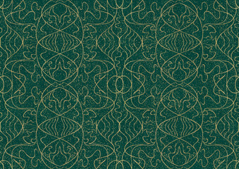 Hand-drawn unique abstract symmetrical seamless gold ornament and splatters of golden glitter on a dark cold green background. Paper texture. Digital artwork, A4. (pattern: p02-1b)