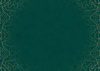 Dark cold green textured paper with vignette of golden hand-drawn pattern. Copy space. Digital artwork, A4. (pattern: p02-1b)