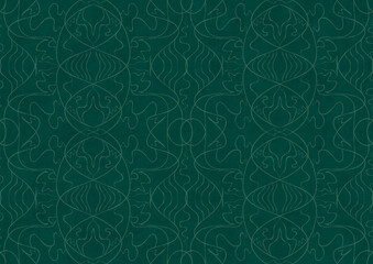Hand-drawn unique abstract symmetrical seamless ornament. Bright semi transparent green on a deep cold green background. Paper texture. Digital artwork, A4. (pattern: p02-1b)