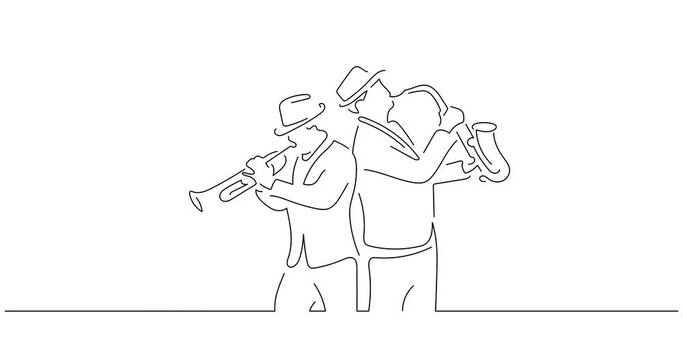 Jazz musicians in line art animation. Video footage of a couple playing music. Black linear video on white background. Animated gif illustration design.