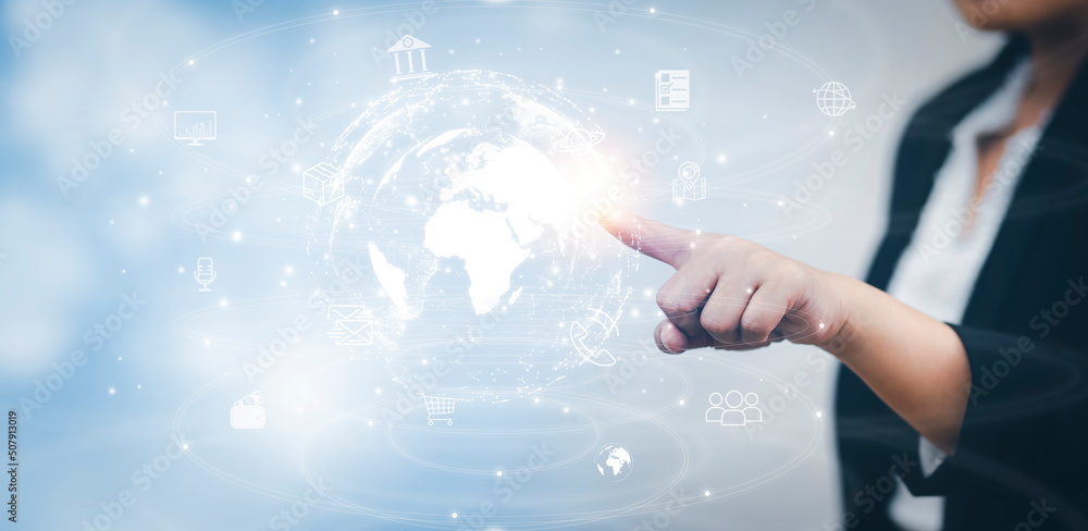 Poster businesswoman holding connections system and global data exchange. ,business network connection conc