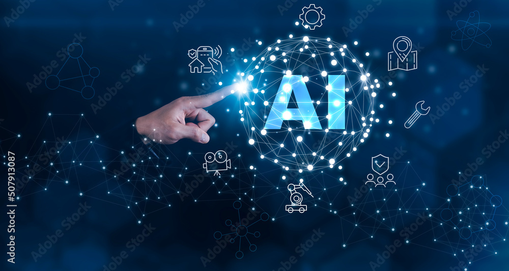 Poster businessman touch artificial intelligence (ai),on big data network machine learning and data on the 