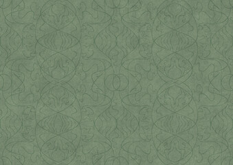 Hand-drawn unique abstract symmetrical seamless ornament. Dark semi transparent green on a light warm green background color. Paper texture. A4. (pattern: p02-1b)