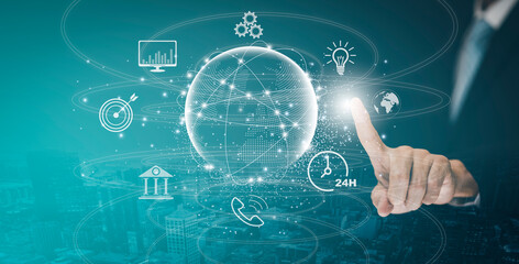 New metaverse with icon business concept,Business hand holding a virtual globe with financial icons future technology, bitcoin goals, online communication,graph Screen Icon of a media screen,big data