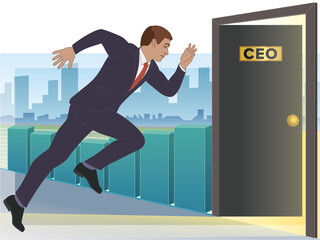 businessman running towards open door for CEO position with buildings and bar chart in background