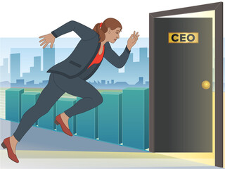 businesswoman running towards open door for CEO position with buildings and bar chart in background