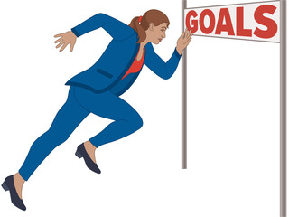 businesswoman running towards finish line of goals isolated on white background