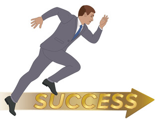 Fototapeta na wymiar businessman running in direction of success on gold arrow isolated on white background