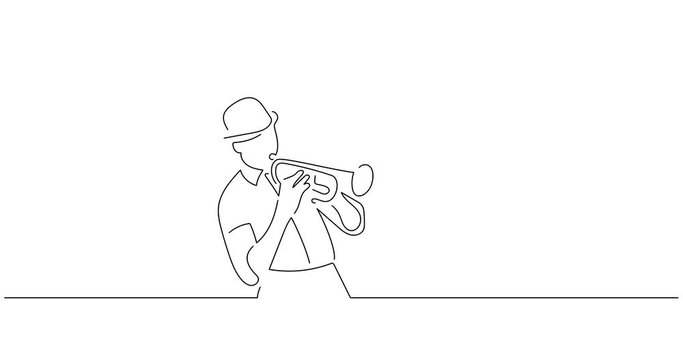 Trumpet player in line art animation. Video footage of musician playing music. Black linear video on white background. Animated gif illustration design.
