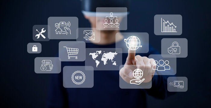Man wearing VR glasses virtual touch screen bitcoins graph Screen Icon of media screen,Technology Process System Business with Communication and marketing concept, big data, HR Human, Business success