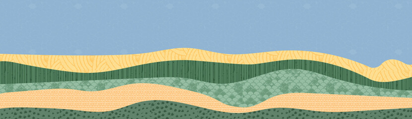 Abstract farm field collage background. Agro land backdrop, farmland landscape vector illustration with texture. Oriental decorative banner, eco design, green rural panorama, ecology art header © Maria Petrish