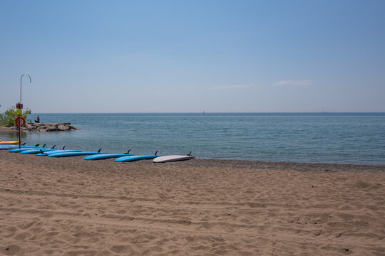 Stand Up Papple Boards (SUPS) arrayed on a Lake Ontario beach and available for rental. Room for text