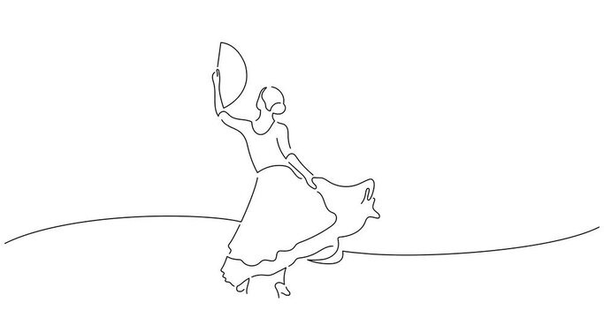 Flamenco dancer in line art animation. Video footage of a woman dancing traditional spanish music. Black linear video on white background. Animated gif illustration design.