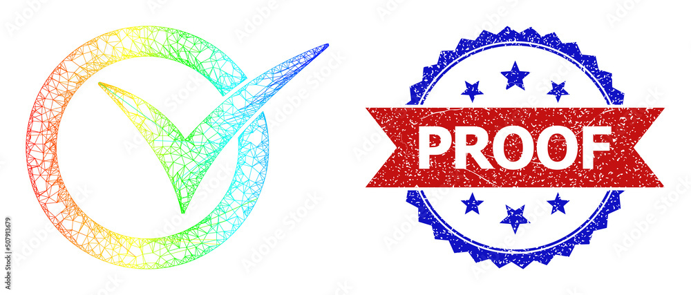 Poster net mesh approve framework icon with rainbow gradient, and bicolor grunge proof seal. red stamp cont