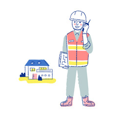 土木・建築関連の仕事をする男性と家