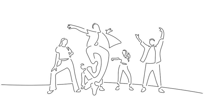 Modern dancers in line art animation. Video footage of a group dancing. Black linear video on white background. Animated gif illustration design.