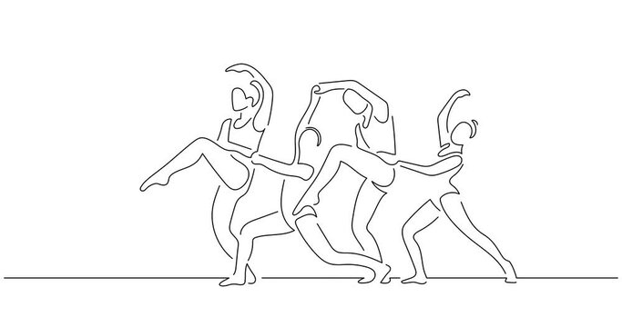 Ballet group in line art animation. Video footage of a classic music dancers. Black linear video on white background. Animated gif illustration design.