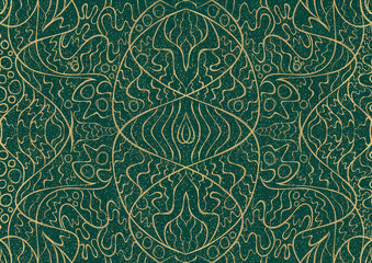 Hand-drawn unique abstract symmetrical seamless gold ornament and splatters of golden glitter on a dark cold green background. Paper texture. Digital artwork, A4. (pattern: p02-2a)
