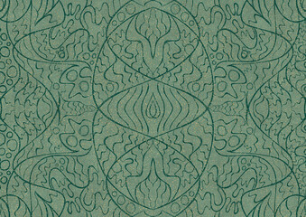 Hand-drawn unique abstract seamless ornament. Dark green on light cold green background, with splatters of golden glitter. Paper texture. Digital artwork, A4. (pattern: p02-2a)