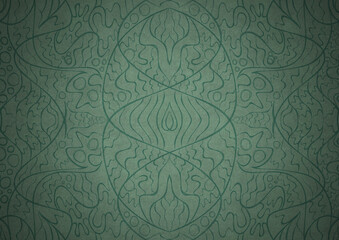 Hand-drawn unique abstract symmetrical seamless ornament. Dark semi transparent green on a light cold green with vignette of a darker background color. Paper texture. A4. (pattern: p02-2a)