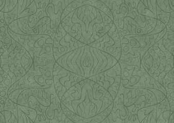 Hand-drawn unique abstract symmetrical seamless ornament. Dark semi transparent green on a light warm green background color. Paper texture. A4. (pattern: p02-2a)