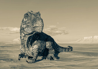 giganotosaurus is resting down on sunset desert with copy space © DM7