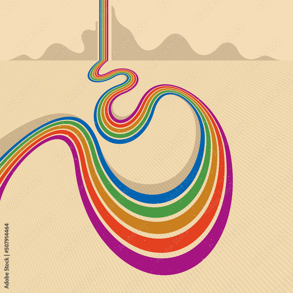 Poster retro style abstract background with curve lines in all colors of rainbow, 3d dimensional seventieth