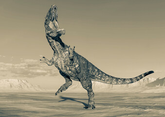 giganotosaurus is doing a fight pose on sunset desert © DM7