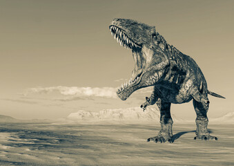 giganotosaurus is doing a intimidating pose on sunset desert with copy space
