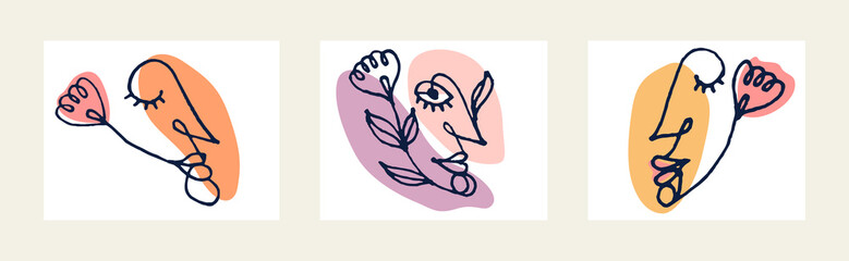 Abstract woman face vector artwork set, modern trendy lady portrait art, hand drawn surreal beauty, minimal artistic design, painted sur human head.