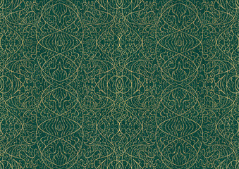 Hand-drawn unique abstract symmetrical seamless gold ornament and splatters of golden glitter on a dark cold green background. Paper texture. Digital artwork, A4. (pattern: p02-2b)