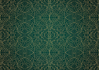 Hand-drawn unique abstract gold ornament on a dark green cold background, with vignette of darker background color. Paper texture. Digital artwork, A4. (pattern: p02-2b)