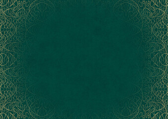 Dark cold green textured paper with vignette of golden hand-drawn pattern. Copy space. Digital artwork, A4. (pattern: p02-2b)