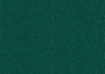 Hand-drawn unique abstract symmetrical seamless ornament. Bright semi transparent green on a deep cold green background. Paper texture. Digital artwork, A4. (pattern: p02-2b)
