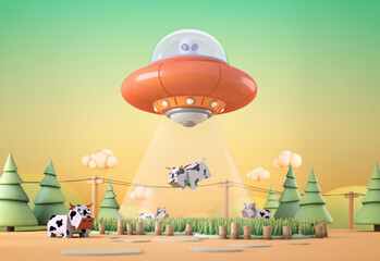 UFO flying with alien and  abduct a cow.3d rendering - obrazy, fototapety, plakaty