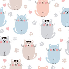 Seamless cute cats pattern. Vector illustration with cats, paws and hearts on white background. It can be used for wallpapers, wrapping, cards, patterns for clothes and other.