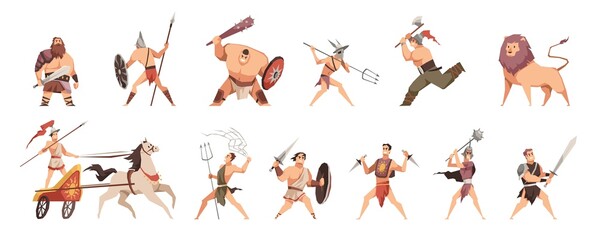Ancient roman gladiators. Different weapons fighters, cartoon strong characters in traditional costume, soldiers and animals, coliseum battle competition, vector cartoon flat isolated set