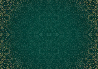 Hand-drawn unique abstract ornament. Light green on a dark cold green background, with vignette in golden glitter. Paper texture. Digital artwork, A4. (pattern: p02-2b)