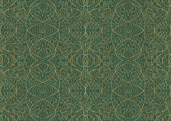 Hand-drawn unique abstract symmetrical seamless gold ornament of golden glitter on a warm green background. Paper texture. Digital artwork, A4. (pattern: p02-2b)