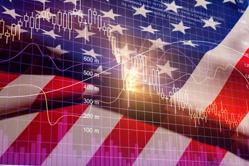 USA flag on background with stock market graph, trading and investment concept