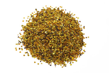 Pile of bee pollen or perga isolated on white background top view. Healthy vegetarian food supplement. Flower pollen grains or bee bread.