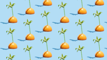 Half orange with drinking straw and mint leaves on bright blue background. Tropical summer composition. Minimal juicy food concept. Creative summer vacation pattern.