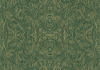 Hand-drawn unique abstract symmetrical seamless gold ornament and splatters of golden glitter on a warm green background. Paper texture. Digital artwork, A4. (pattern: p03a)