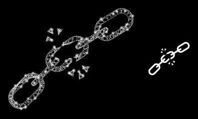 Net mesh broken chain framework icon with light spots. Illuminated vector model is created from broken chain icon. Vector frame mesh broken chain icon.
