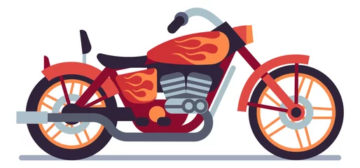 Foto op Plexiglas Motorcycle. Red biker motorbike with orange flame graffiti, classic vehicle, road racing, speed extreme driving, modern moped, travel and sport transport, vector flat isolated illustration © YummyBuum