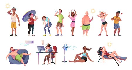 Fototapeta na wymiar People suffer from heat. Cartoon male, female characters, hot weather, summer season, rescue under air conditioning and umbrella, sun and heat stroke symptoms, feeling bad vector set