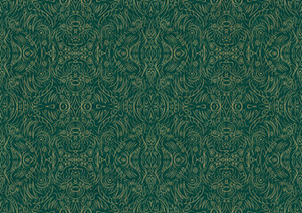 Hand-drawn unique abstract symmetrical seamless gold ornament on a dark cold green background. Paper texture. Digital artwork, A4. (pattern: p03b)