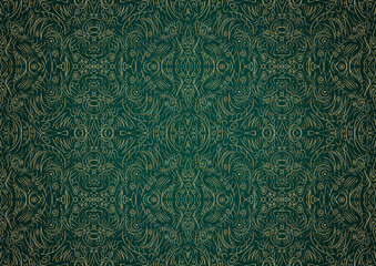 Hand-drawn unique abstract gold ornament on a dark green cold background, with vignette of darker background color. Paper texture. Digital artwork, A4. (pattern: p03b)